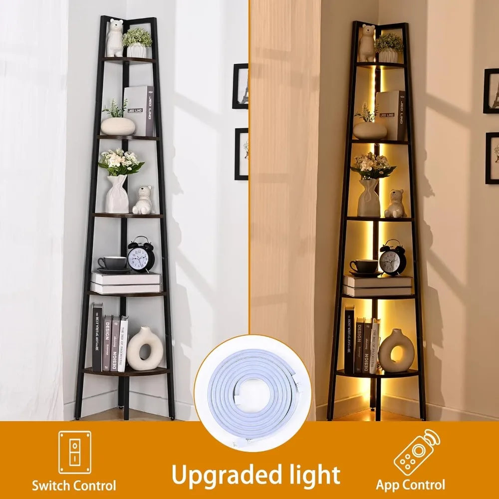 5-Tier Corner Bookshelf with LED Light,