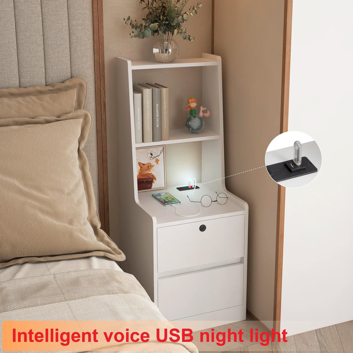 Smart Bedside Table w/ Voice Light & Charging -