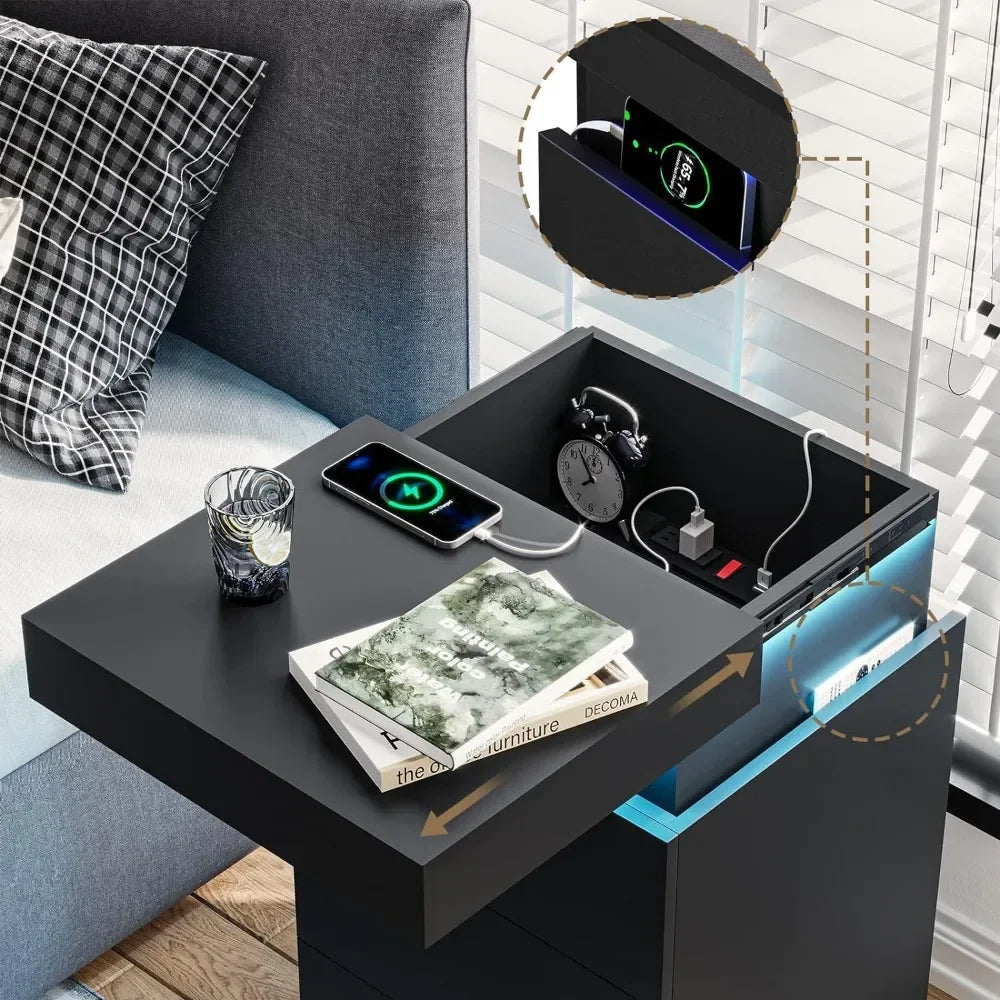 Nightstand with Charging Station and LED Lights