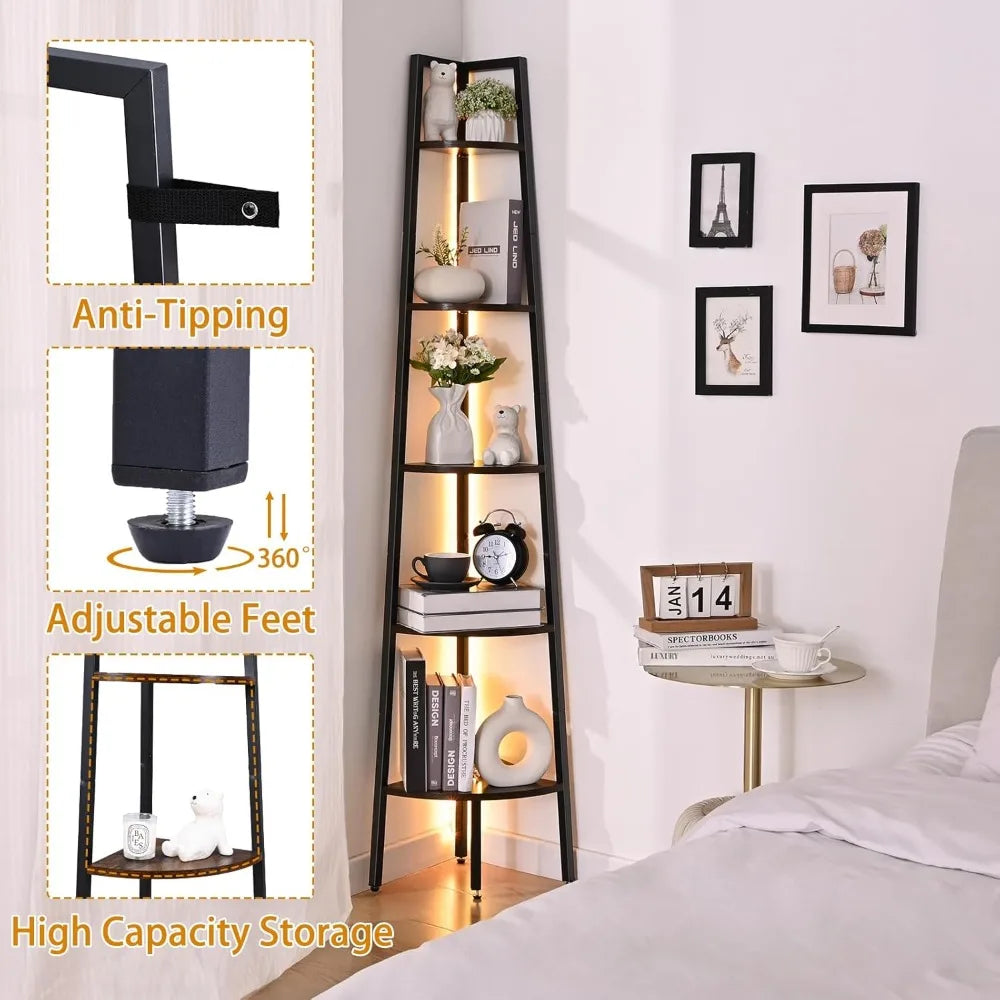 5-Tier Corner Bookshelf with LED Light,