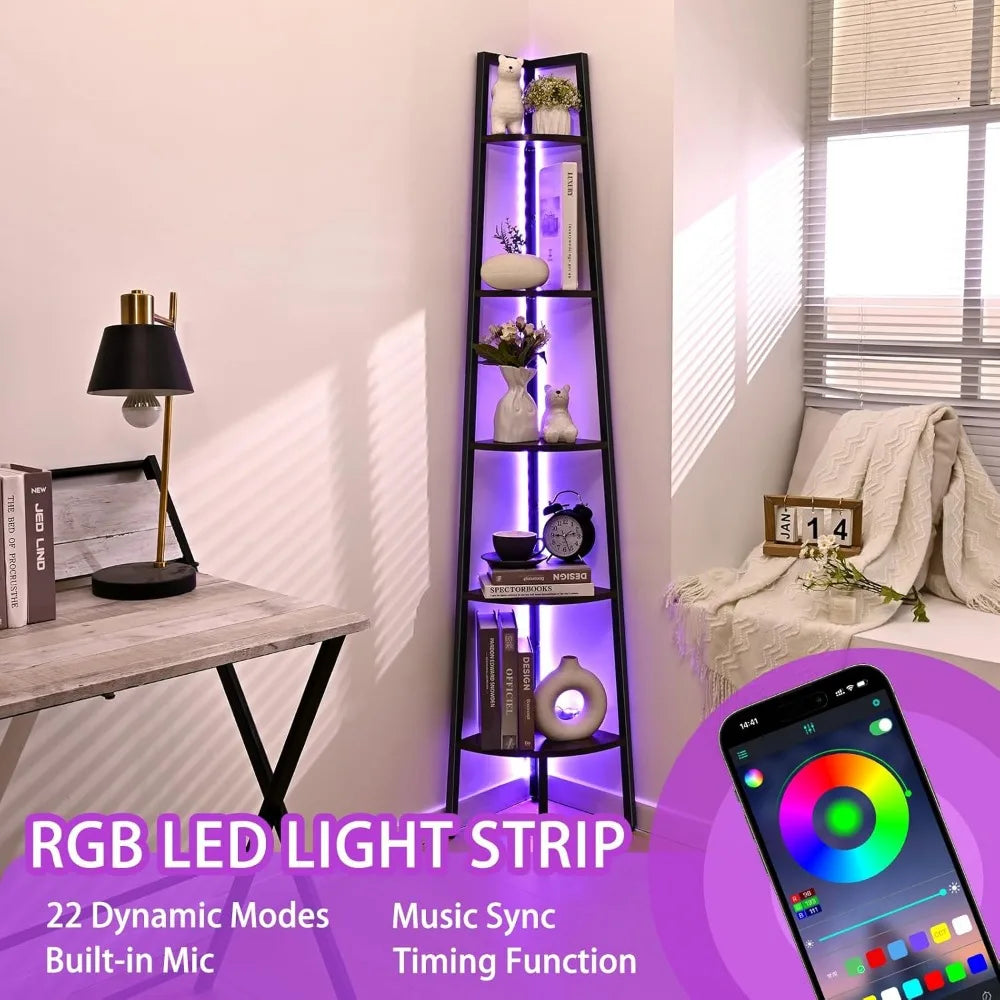 5-Tier Corner Bookshelf with LED Light,