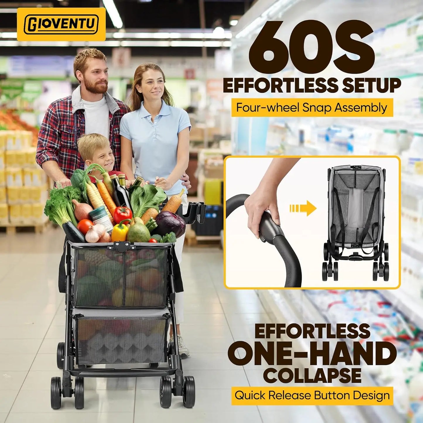 𝐈𝐦𝐩𝐫𝐨𝐯𝐞𝐝 𝐕𝐞𝐫𝐬𝐢𝐨𝐧 Folding Shopping Cart for Groceries,