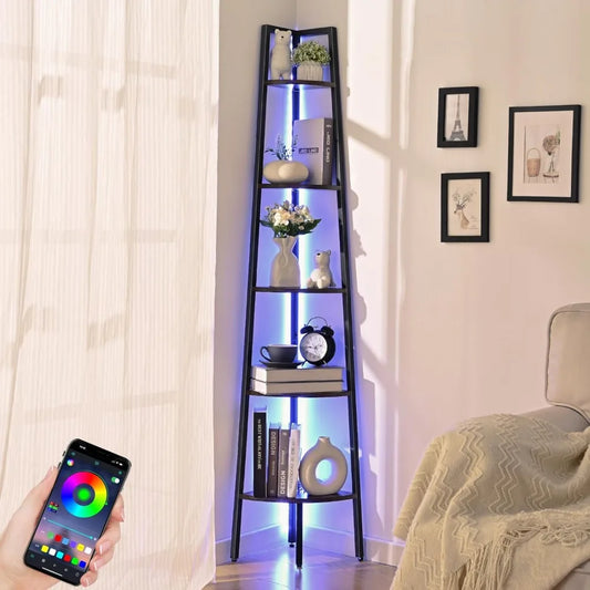 5-Tier Corner Bookshelf with LED Light,