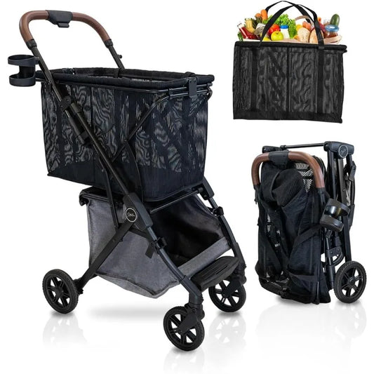 Folding Shopping Cart On Premium Wheels – Ultra Lightweight Aluminum Frame – Removable Shopping Bag with Carry S